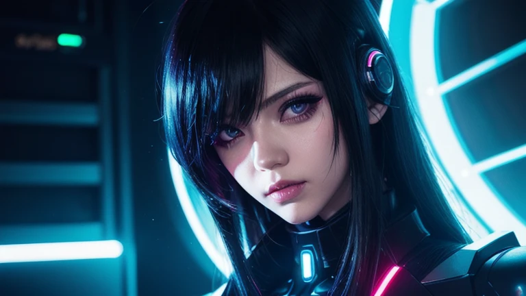 1 girl, ライトグリーン neon ,android, female cyborg , cyber punk, club,dim lighting, neon signs,fc portrait, neon,cyber punk, futuristic ,EDM,Club Music,