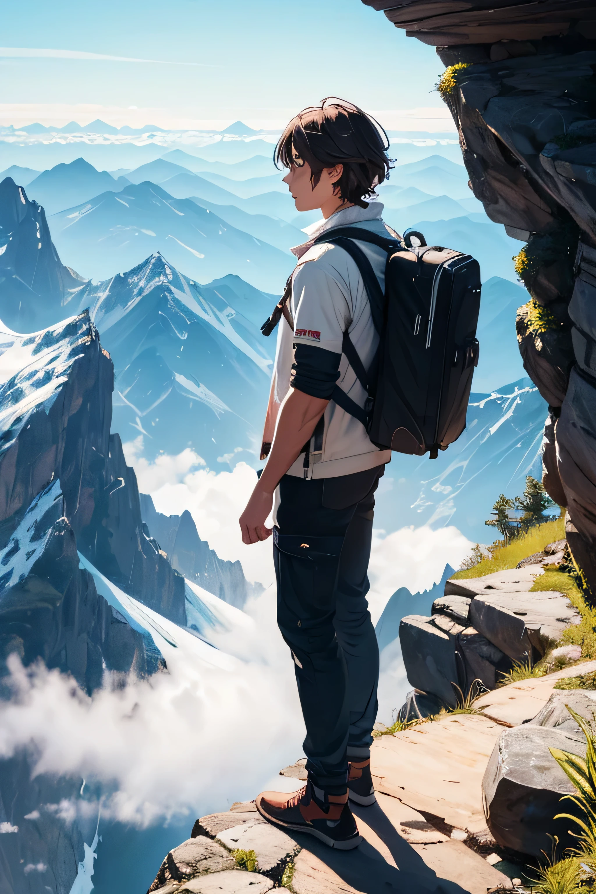 A traveller standing in the top of the mountain
Men