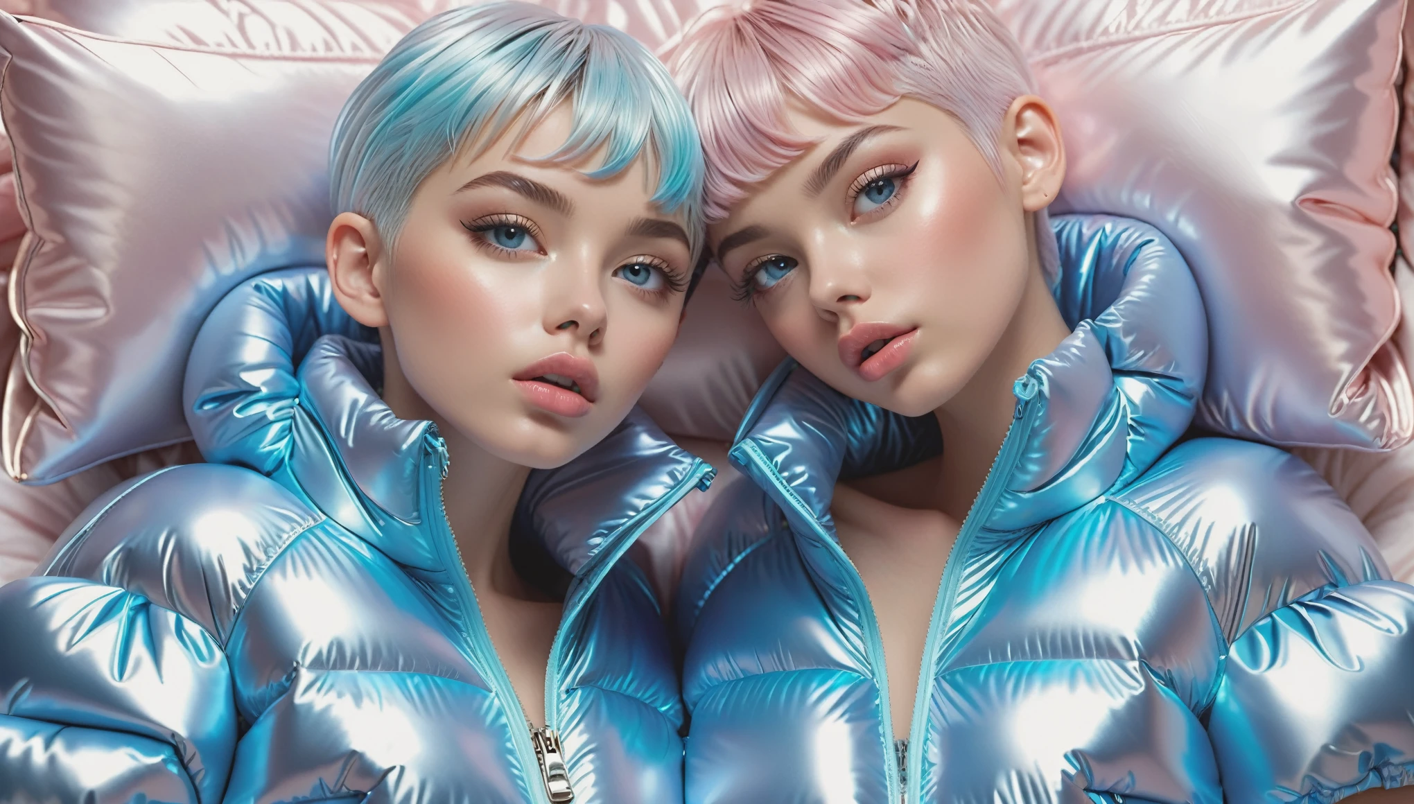 Masterpiece, Best Quality, ((2 cute girls kissing in a light pink blue open shiny puffer, short sleeves, small perky breasts, extremely detailed face, beautiful detailed slightly open eyes, beautiful detailed lips, pixie side shaved hair, small hips, in a spaceship, on bed, ultra wide view))