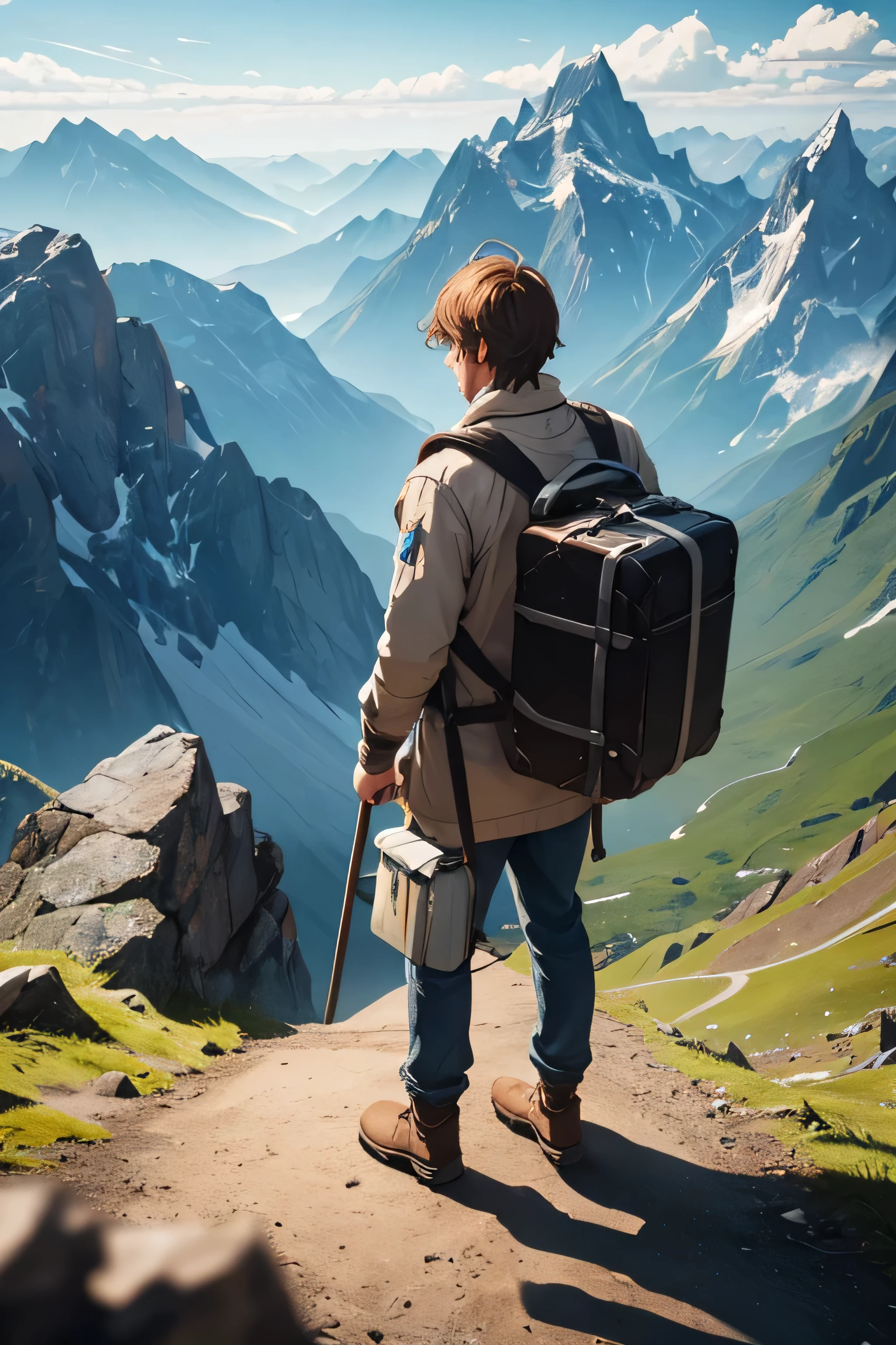 A traveller standing in the top of the mountain
Men
