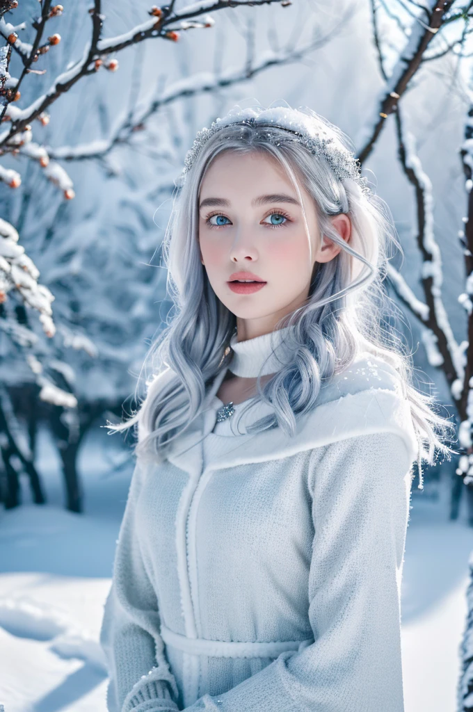 ( masterpiece, top quality, best quality,8k,17 years old girl,ultra detailed,raw photo:1.5),(photorealistic:1.4), (cinematic lighting), PerfectNwsjMajic, , Surrealism, UHD, ccurate, Super detail, textured skin, High detail, Best quality, dynamic angle, White skin,[Beautiful blue eyes], high nose,[flat chest:large breasts:0.5],(1girl),(good anatomy:0.5)),The white,A world covered in silver, branches covered with snow, cold winter touch, Snowflakes dance like elves, Turn the world into a silver fairy tale, Cold, Peaceful and beautiful snow scene, cozy calm, gorgeous princess dress ,white hair