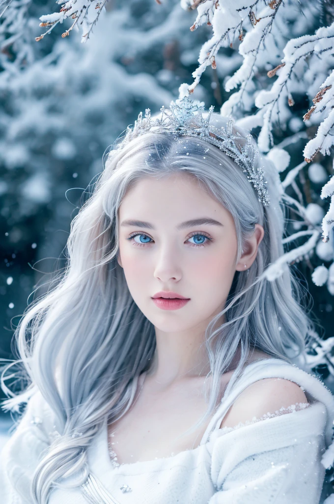 ( masterpiece, top quality, best quality,8k,17 years old girl,ultra detailed,raw photo:1.5),(photorealistic:1.4), (cinematic lighting), PerfectNwsjMajic, , Surrealism, UHD, ccurate, Super detail, textured skin, High detail, Best quality, dynamic angle, White skin,[Beautiful blue eyes], high nose,[flat chest:large breasts:0.5],(1girl),(good anatomy:0.5)),The white,A world covered in silver, branches covered with snow, cold winter touch, Snowflakes dance like elves, Turn the world into a silver fairy tale, Cold, Peaceful and beautiful snow scene, cozy calm, gorgeous princess dress ,white hair