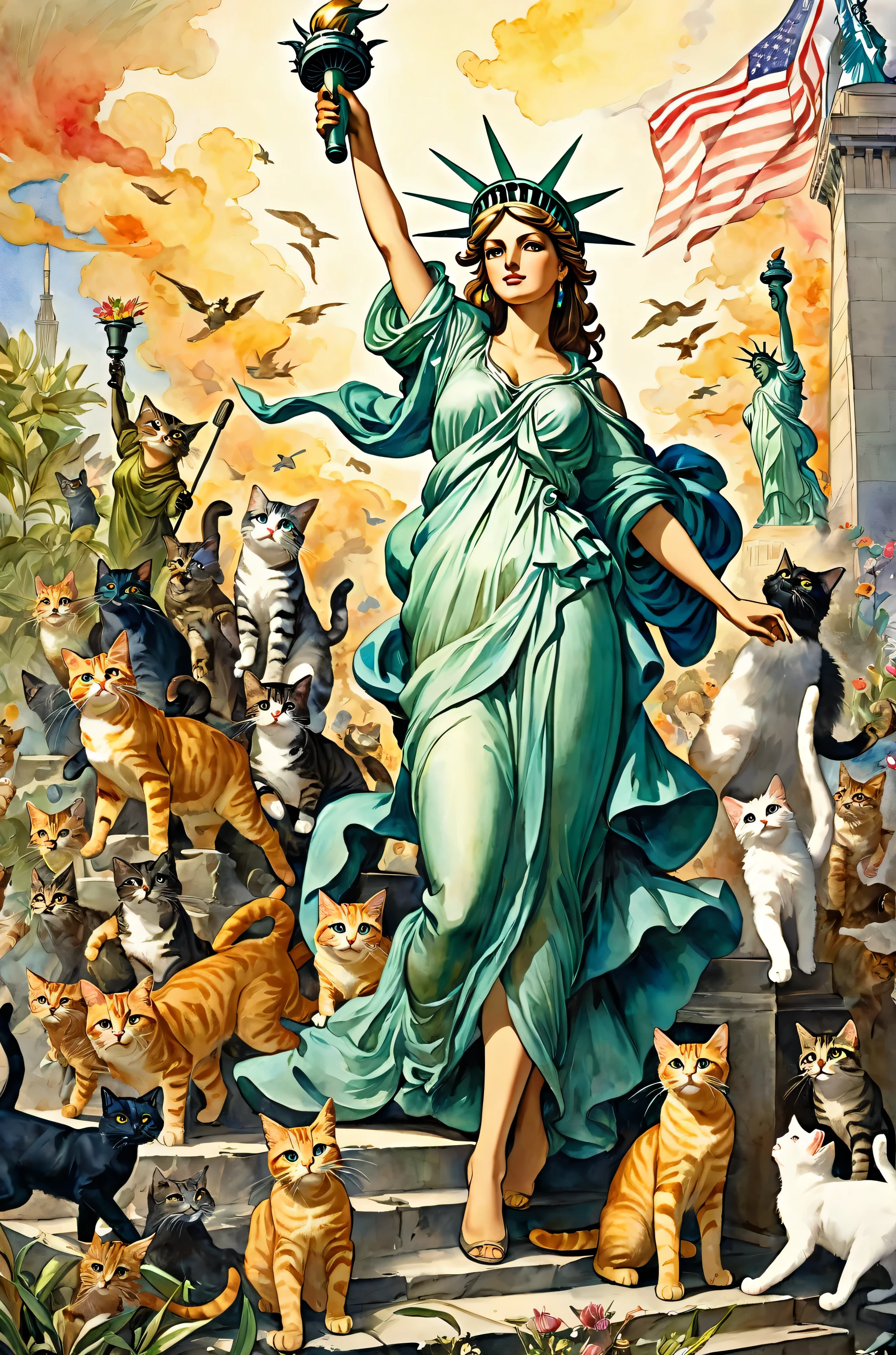 Vigene Delacroix's「Statue of Liberty Leading the People」、All the characters are anthropomorphized cats、Expressive cat、High resolution, highest quality, highest quality, Paid rewards available, an unparalleled masterpiece, perfect artwork, disorganized, High quality illustrations, 超High resolution, detailed background, By Vigène Delacroix、Watercolor and ink、intricate details、fantasy、beautiful、fantasy、Plant sproutemory、nature、flower garden、perfect composition、Artistic style watercolor sketch、big stroke、Finished with ink、thin line、highest quality、masterpiece