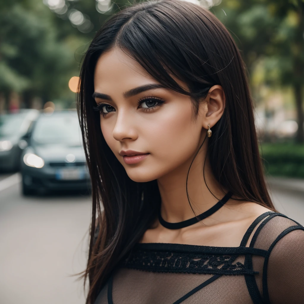 8k, RAW Photo, Photorealistic: 1.25), (Lip Gloss, Eyelashes, Glossy Face, Glossy Skin, Best Quality, Ultra High Resolution, Depth of Field, Chromatic Aberration, Caustics, Moisturized Lips, Ultra-Trimmed Face, Radiant Detailed Eyes, Black Hair, Semi-Long, Fashionable, Tight Knit Dress, Sheer