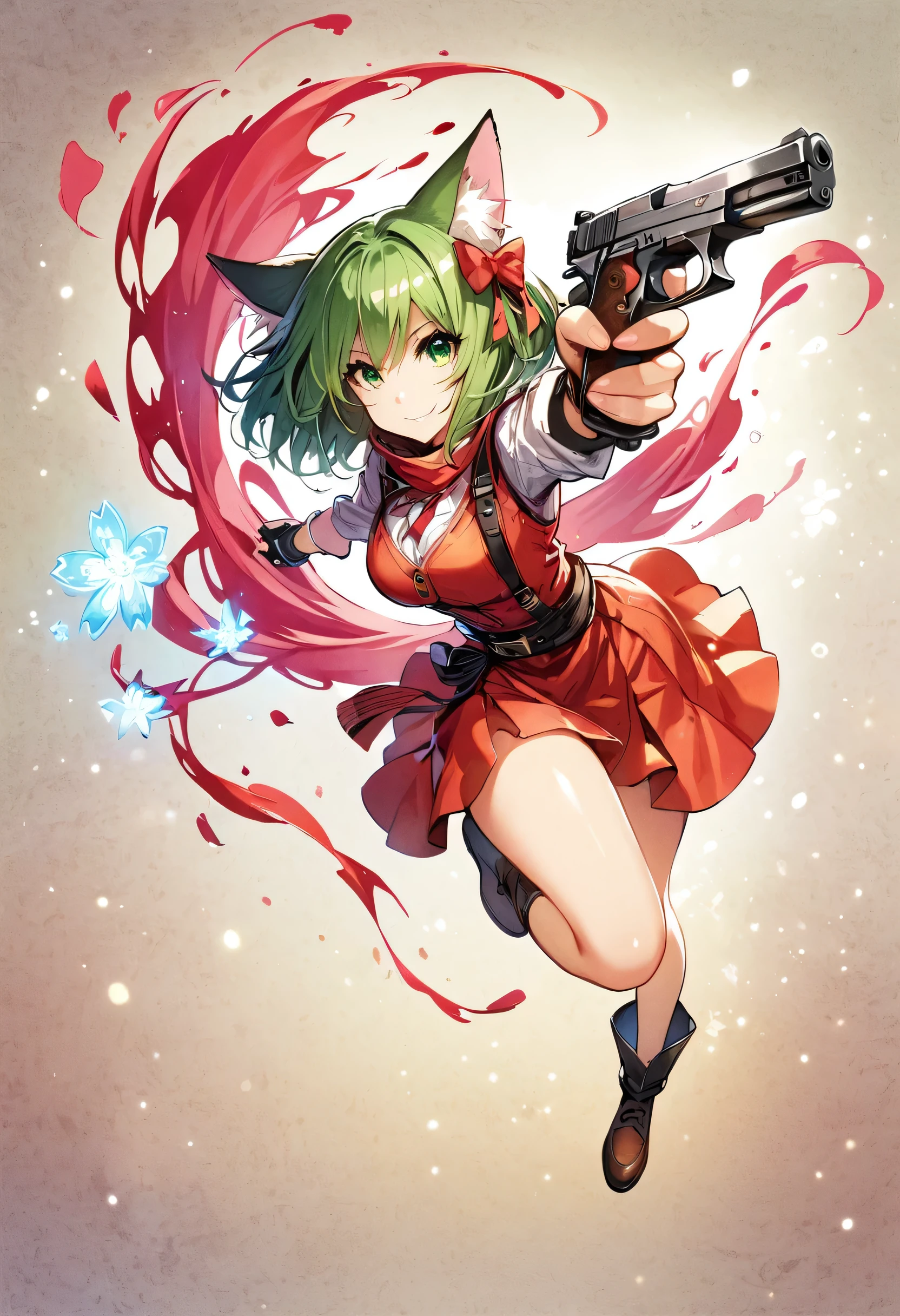 holding a pistol with a firm grip,smiling,full body, 1girl, cat ears, short bob length :1.4 (light green: 1.3),green eyes, thin nose, pink lips, High-detail skin,(shiny skin:1.3),golden shine morning background with dancing cherry blossom petals