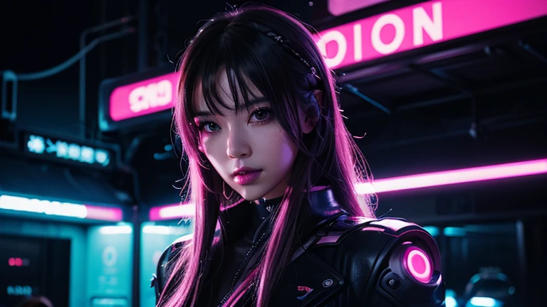 1 girl, ライトグリーン neon ,android, female cyborg , cyber punk, club,dim lighting, neon signs,fc portrait, neon,cyber punk, futuristic ,EDM,Club Music,