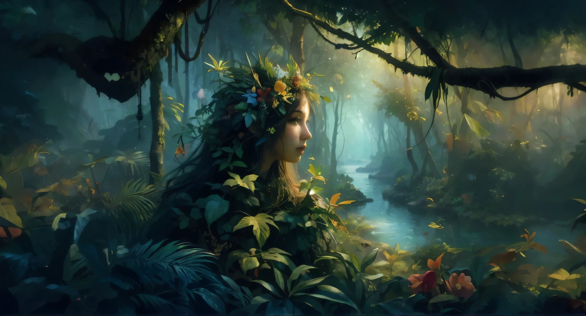 Mysterious beautiful woman in the jungle、Beautiful landscape of jungle like Henri Rousseau&#39;s painting、Healing, fantastical and realistic expressions、Artistic expression of oil painting、random composition、fantasy illustration、fairy tale、((highest quality)), ((High resolution 16k)), ((The woman and the background are realistic and beautiful.)), --automatic