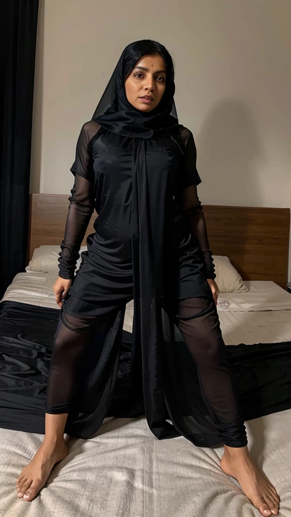 44 years old indian aunty in black silk burkha stand on bed