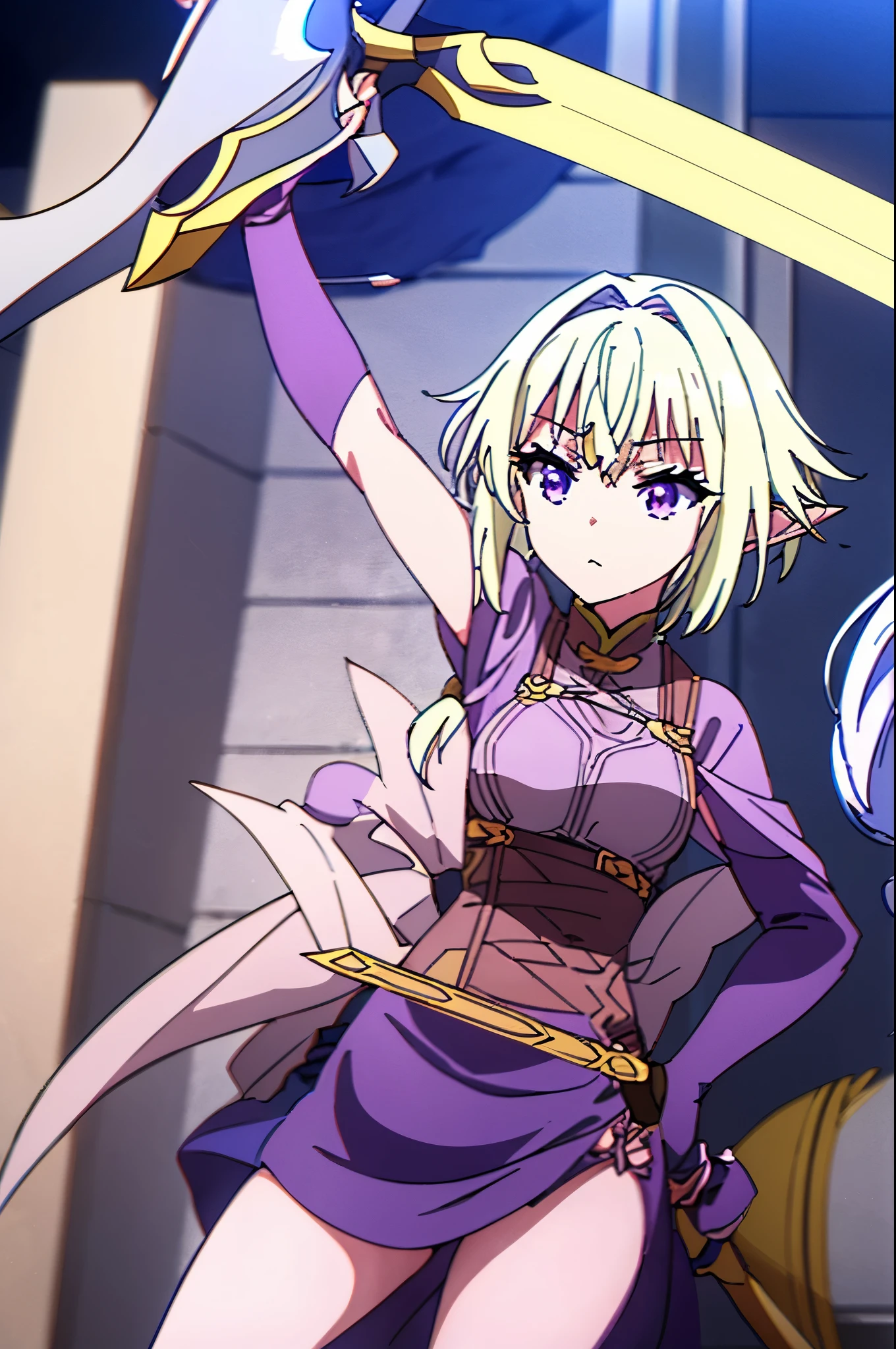 she is an elf and adventurers in otherworldly animation, she with blonde hair and purple apron, wear Y-shirt under purple apron, purple eyes, medium breasts(1:1), high ponytail, fully colored, anime style character, got the sword on her back, the sword sheath's color is indigo blue, sword hilt is sky blue color