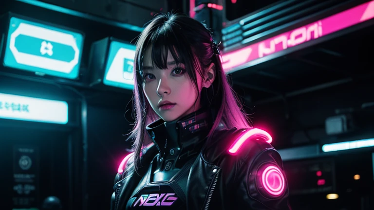 1 girl, ライトグリーン neon ,android, female cyborg , cyber punk, club,dim lighting, neon signs,fc portrait, neon,cyber punk, futuristic ,EDM,Club Music,