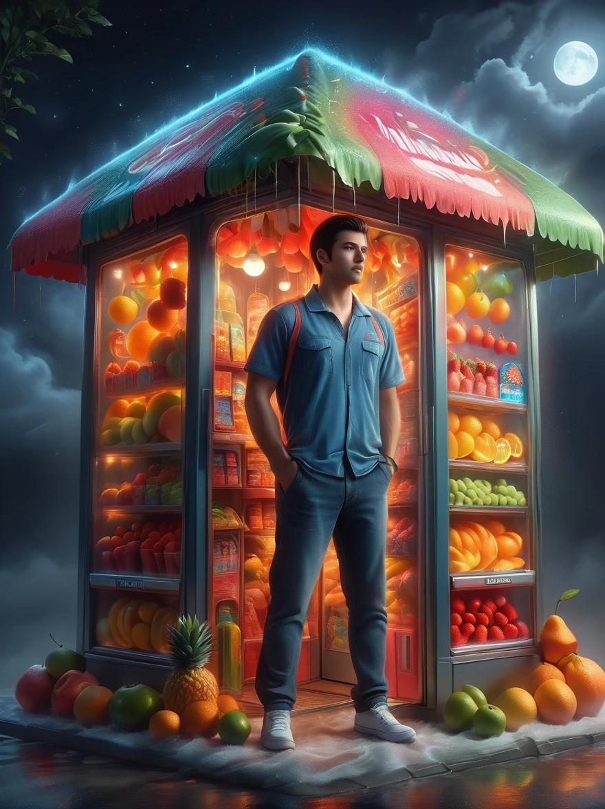 (A convenience store salesperson made of various fruits:1.2),Standing upright in a casual posture,Body made of orange,watermelon,kiwi,Strawberries and other colorful fruit slices, (Midnight convenience store:1.8),(Bathed in the grey fog of the quiet night), (master level:1.2), Super details, Realistic, (Photorealism:1.3), first-person view, UHD, masterpiece, ccurate, anatomically correct, super detail, best quality, 8k