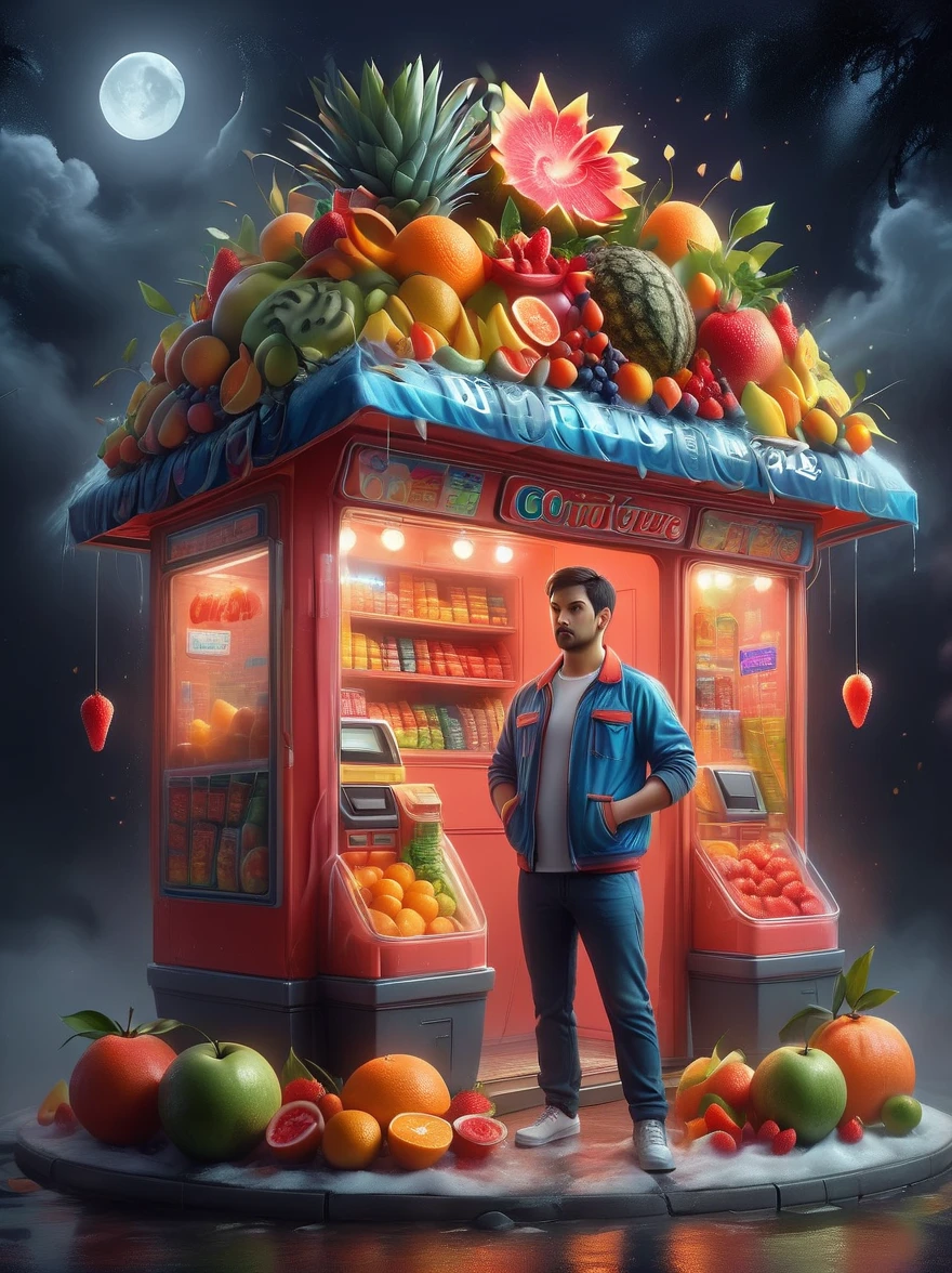 (A convenience store salesperson made of various fruits:1.2),Standing upright in a casual posture,Body made of orange,watermelon,kiwi,Strawberries and other colorful fruit slices, (Midnight convenience store:1.8),(Bathed in the grey fog of the quiet night), (master level:1.2), Super details, Realistic, (Photorealism:1.3), first-person view, UHD, masterpiece, ccurate, anatomically correct, super detail, best quality, 8k