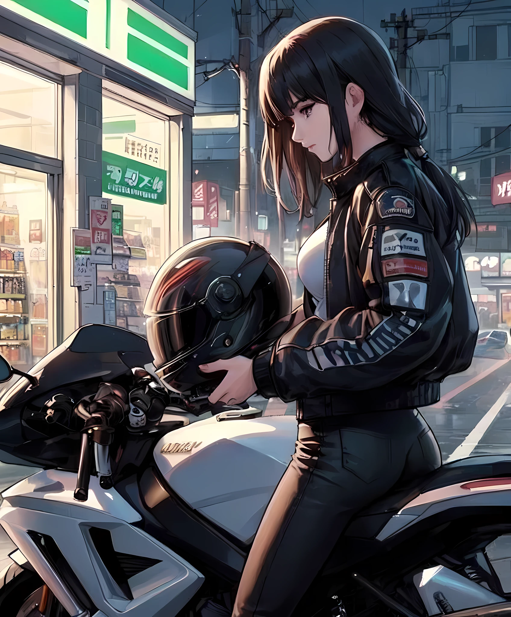 1lady standing, from side, (straddling motorcycle), parked motorcycle, (stylish outfit), (rider's jacket) pants, mature female, /(black hair/) bangs, cool expression, (light smile:0.6), (masterpiece best quality:1.2) delicate illustration ultra-detailed, large breasts BREAK (holding full-face helmet) BREAK (in front of convenience store), outdoors, parking lot, (stylish motorcycle), midnight, dimly lit, contrast, detailed background