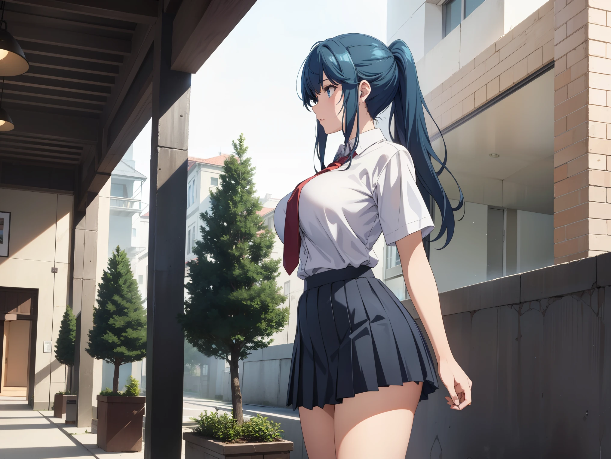 girl, solo, beautiful body, perfect body, nice body, (Huge_Breasts),

nanami minami, blue hair, blue eyes, long hair, ponytail (school uniform:1.5), (pleated skirt:1.5), (miniskirt:1.5), short sleeve, tight, necktie, student shoes, white sock,

A high school girl sits pensively in a bustling courtyard, her uniform impeccably pressed. As she gazes into the distance, the stable diffusion of light creates a soft, dream-like atmosphere around her. The intricate details of her surroundings tell a story of a vibrant school community, with students bustling about in animated conversations and activities. In the background, a stately school building stands, its architectural details hinting at a rich history. The girl's posture and expression convey a sense of contemplation, perhaps hinting at the complexities of teenage life and the challenges she faces within and beyond the school gates. Despite the tranquility of the scene, there's an underlying tension, a narrative waiting to unfold,

official art, extremely detailed CG unity 8k wallpaper, perfect lighting, Colorful, (best_quality:1.0), ultra high res,4K, ultra-detailed, 8K, HDR, high resolution,  absurdres:1.2, film grain, (vibrant_color:1.2), (narrow waist),