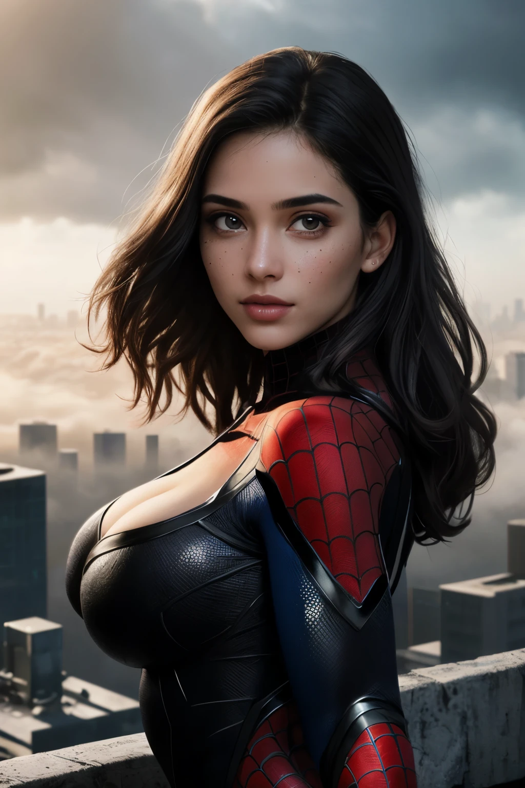 (1girl:1.2), Solo, (((Very detailed face)))), ((Very detailed eyes and face)))), Beautiful detail eyes, Body parts__, Official art, Unified 8k wallpaper, Super detailed, beautiful and beautiful, beautiful, masterpiece, best quality, original, masterpiece, super fine photo, best quality, super high resolution, realistic realism, sunlight, full body portrait, amazing beauty, dynamic pose, delicate face, vibrant eyes, (from the front), She wears Spider-Man suit, red and black color scheme, spider, very detailed city roof background, rooftop, overlooking the city, detailed face, detailed complex busy background, messy, gorgeous, milky white, highly detailed skin, realistic skin details, visible pores, clear focus, volumetric fog, 8k uhd, DSLR, high quality, film grain, fair skin, photo realism, lomography, futuristic dystopian megalopolis, translucent, large breast