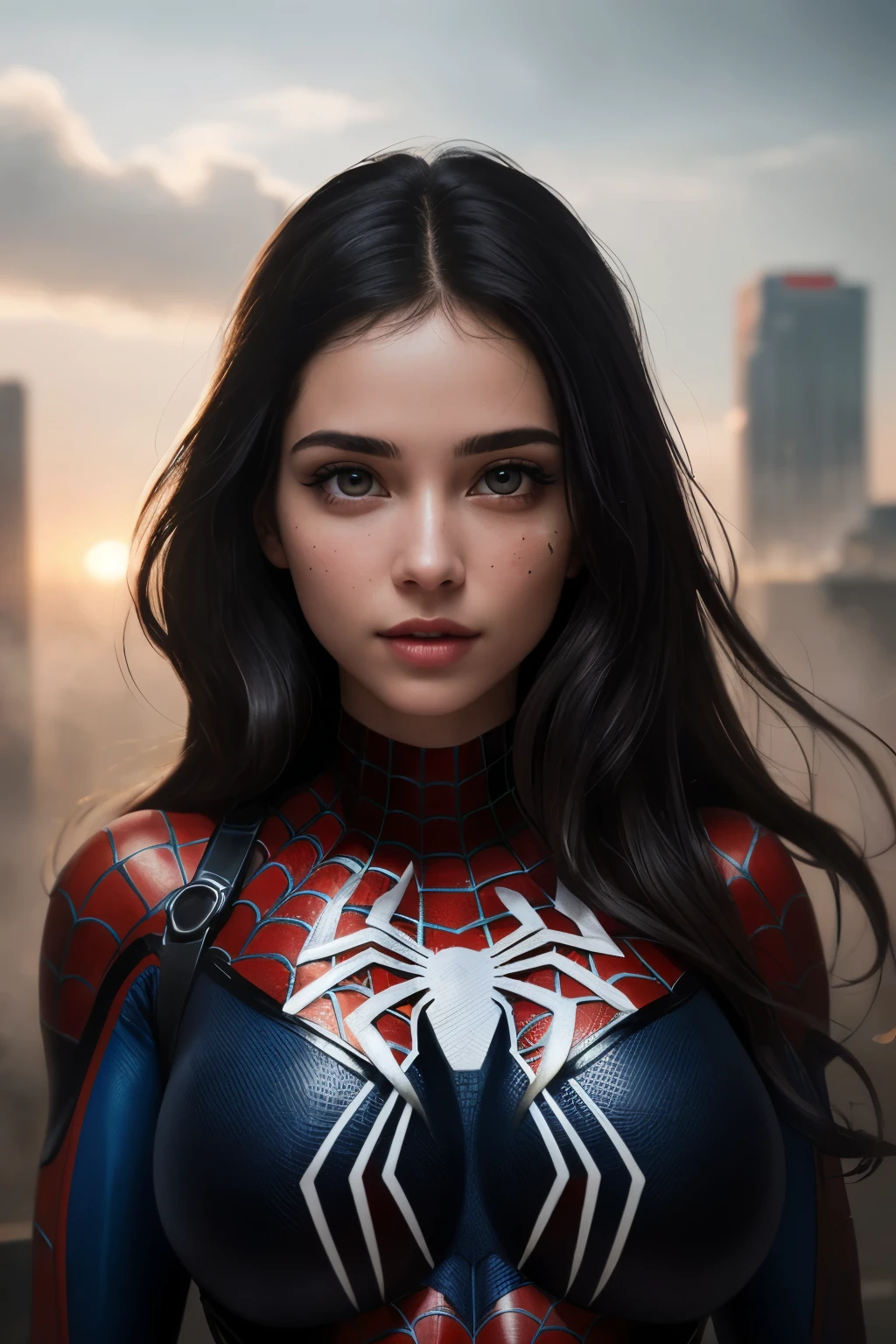 (1girl:1.3), Solo, (((Very detailed face)))), ((Very detailed eyes and face)))), Beautiful detail eyes, Body parts__, Official art, Unified 8k wallpaper, Super detailed, beautiful and beautiful, beautiful, masterpiece, best quality, original, masterpiece, super fine photo, best quality, super high resolution, realistic realism, sunlight, full body portrait, amazing beauty, dynamic pose, delicate face, vibrant eyes, (from the front), She wears Spider-Man suit, red and black color scheme, spider, very detailed city roof background, rooftop, overlooking the city, detailed face, detailed complex busy background, messy, gorgeous, milky white, highly detailed skin, realistic skin details, visible pores, clear focus, volumetric fog, 8k uhd, DSLR, high quality, film grain, fair skin, photo realism, lomography, futuristic dystopian megalopolis, translucent, large breast