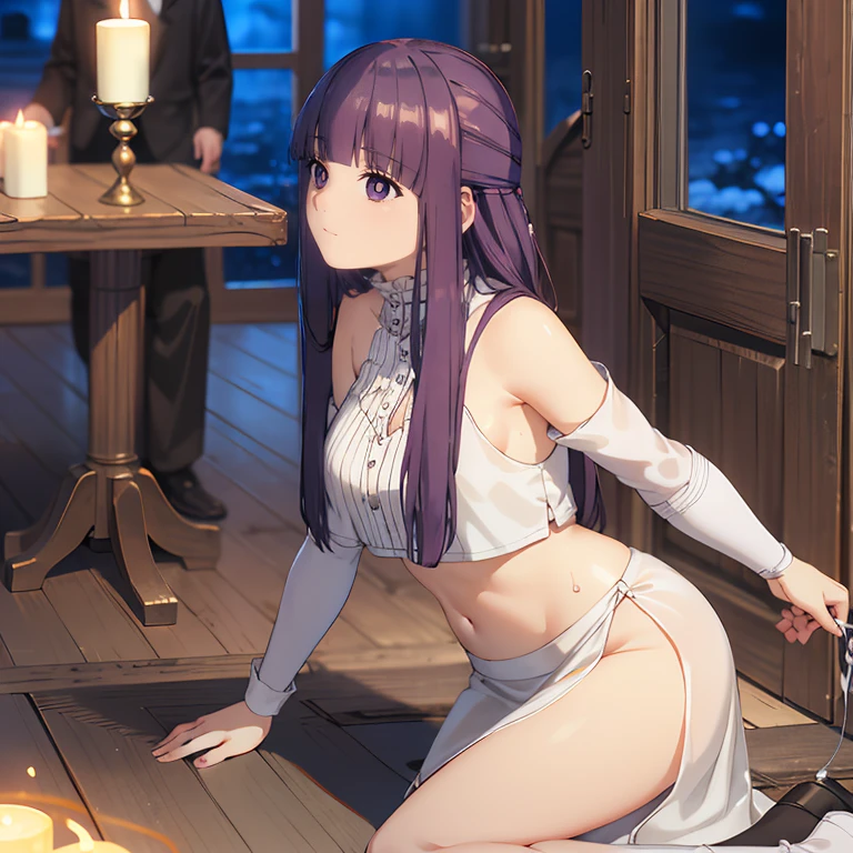 (highest quality, masterpiece),sexy,  erotic, 1 girl, 18-year-old, despise, pride, purple long hair, ((purple eyes)), white skirt, looking at the audience, Medieval Tavern, (close), ((dark room)), Sweat, candle light, ((blush)), Drop your shoulders, Split, floor