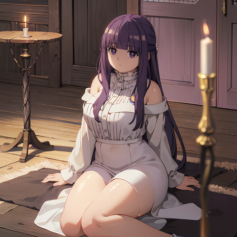 (highest quality, masterpiece),sexy, erotic, 1 girl, 18-year-old, despise, pride, purple long hair, ((purple eyes)), white skirt, looking at the audience, Medieval Tavern, (close), ((dark room)), Sweat, candle light, ((blush)), Drop your shoulders, Split, floor