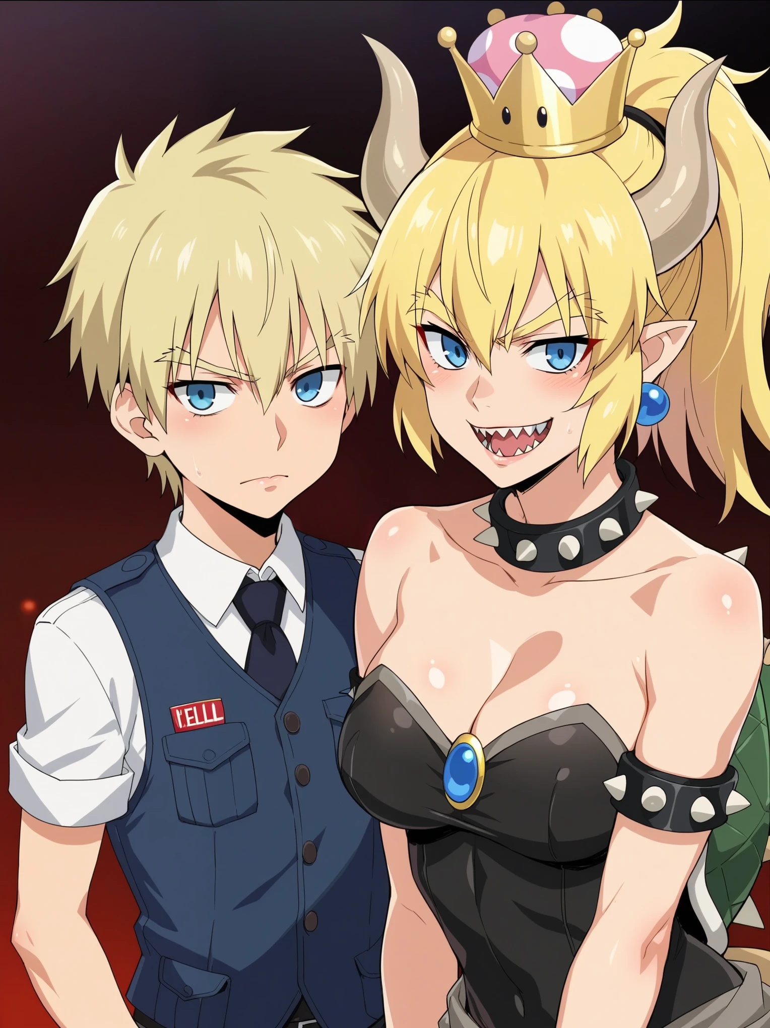 score_9, score_8_up, score_7_up, source_anime, BREAK by ikuchan kaoru, iku, clean color, flat color, 1girl, anime screencap, screencap, 2girls, duo, indoors, ((crossover)), standing,BREAK, bowsette, bowsette mario, BREAK, hellsing, seras victoria, /hellsing/