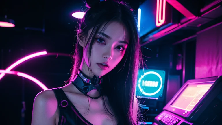 1 girl, ライトグリーン neon ,android, female cyborg , cyber punk, club,dim lighting, neon signs,fc portrait, neon,cyber punk, futuristic ,EDM,Club Music,