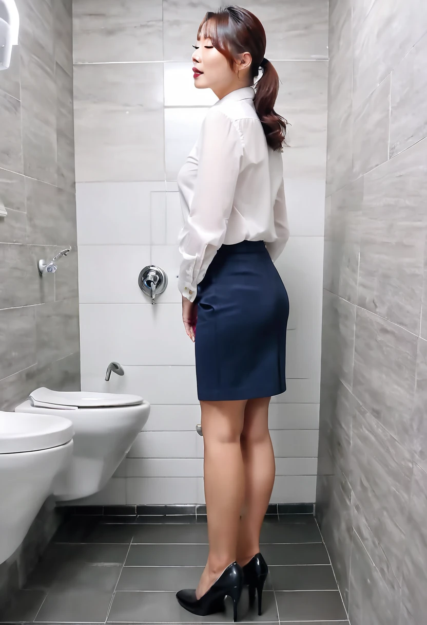 A beautiful office lady pees standing up at the urinal in the men's restroom、open your legs、Photographed from the front