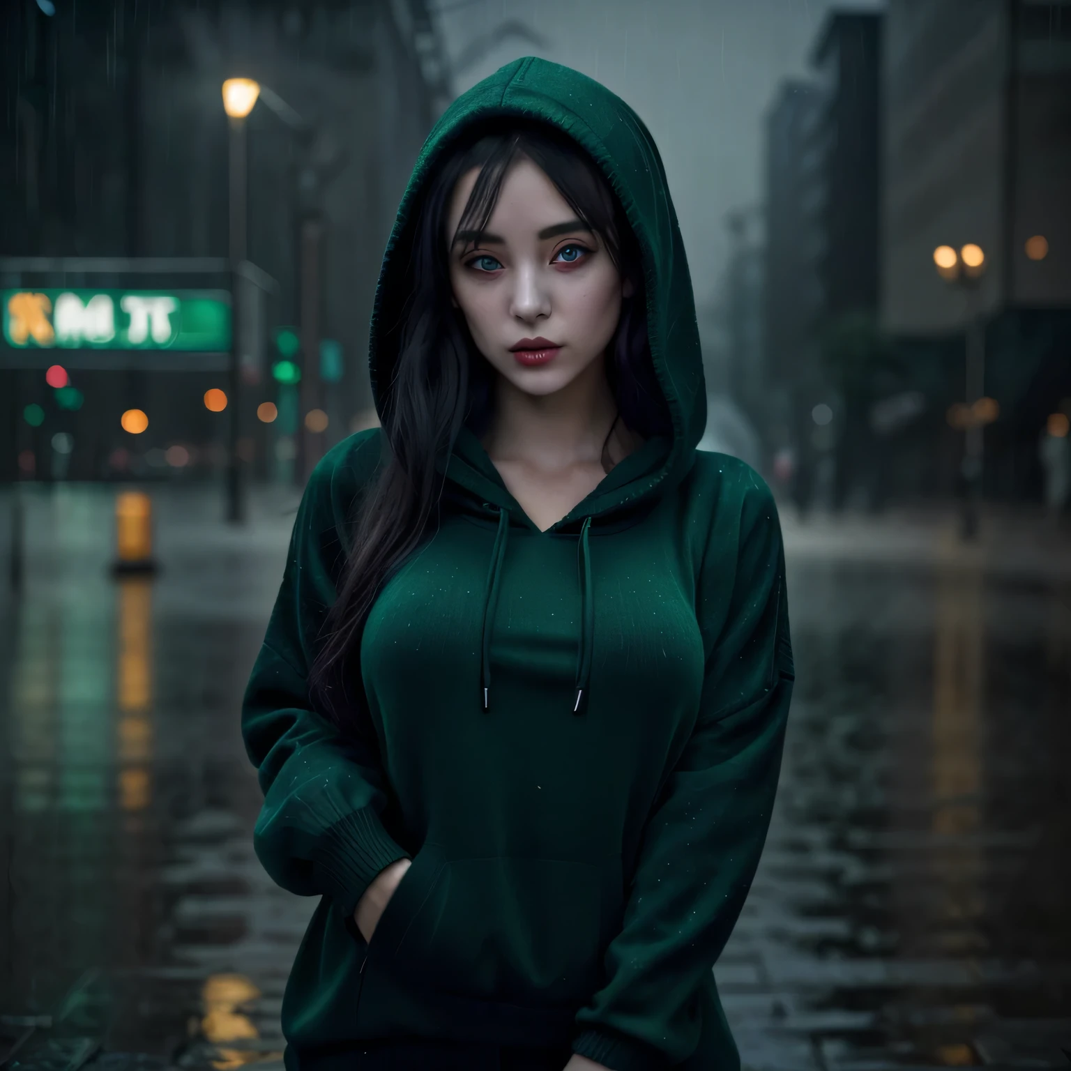 A beautiful anime woman with a wonderful body smokes a cigarette while wearing clothes as black as night, her eyes have different colors and she is wearing a cold sweater with a green hood and her entire body in a raining city