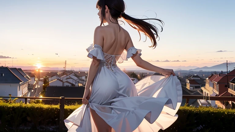 (8K), (best quality), (muste piece: 1.2) I was watching the sunrise in the distant night sky from up close. I was wearing a white dress. The light of dawn was shining in and the town was quietly waking up.