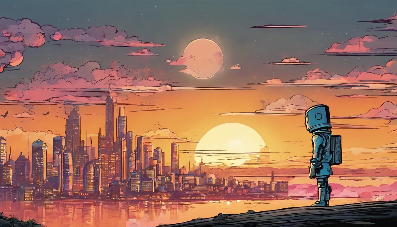 Little boy with toy retro robot, Watching the city burn in the distance, Snapback, 3D animation