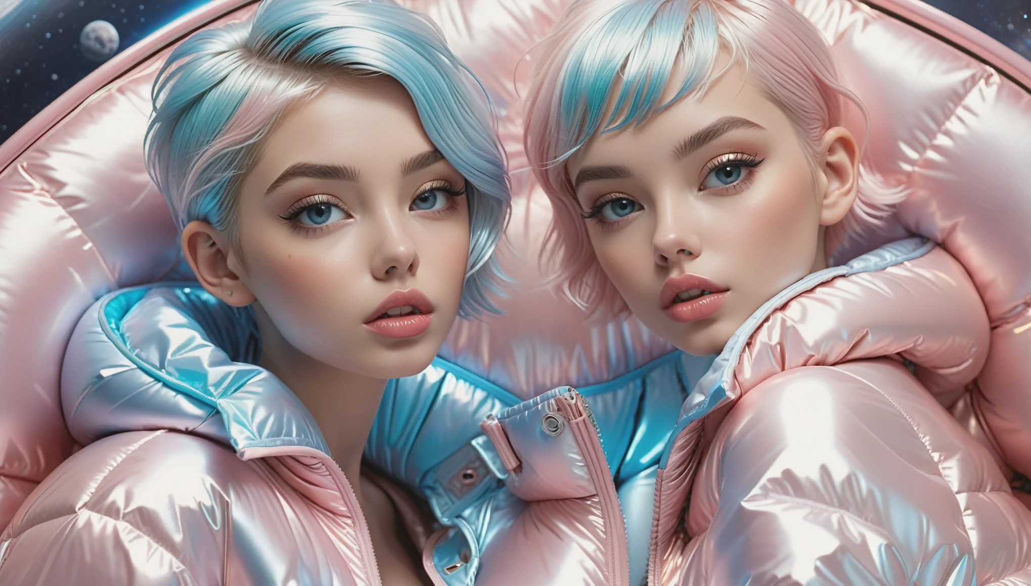 Masterpiece, Best Quality, ((2 cute girls kissing in a light pink blue open shiny puffer, short sleeves, small perky breasts, extremely detailed face, beautiful detailed slightly open eyes, beautiful detailed lips, pixie side shaved hair, small hips, in a spaceship, on bed, ultra wide view))