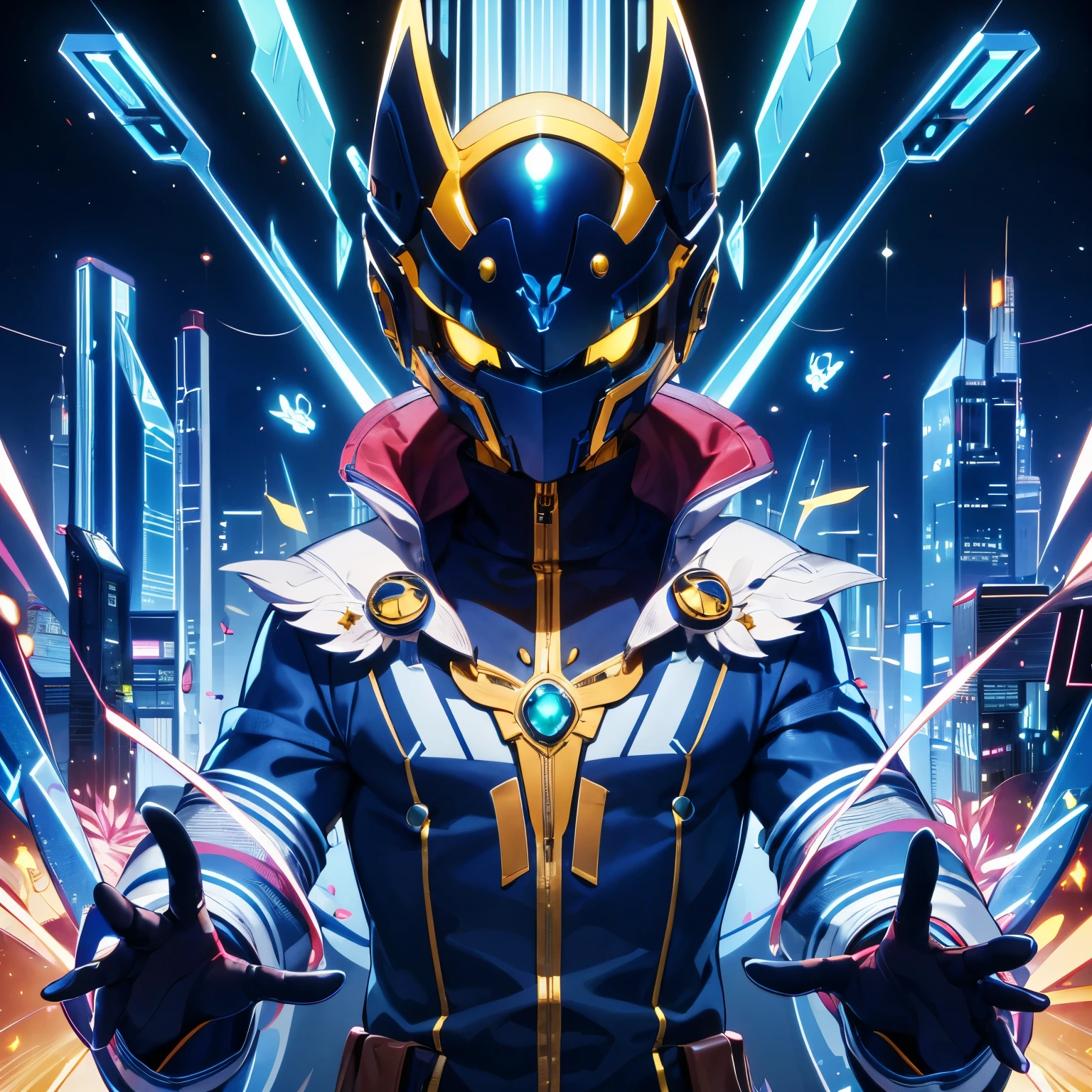 4K, anime, cyber city, cute, upper body, solo, male, magician, conjurer, egghead, faceless, black face, yellow eyes, gem, star, helmet, cap , robe, phcrystal