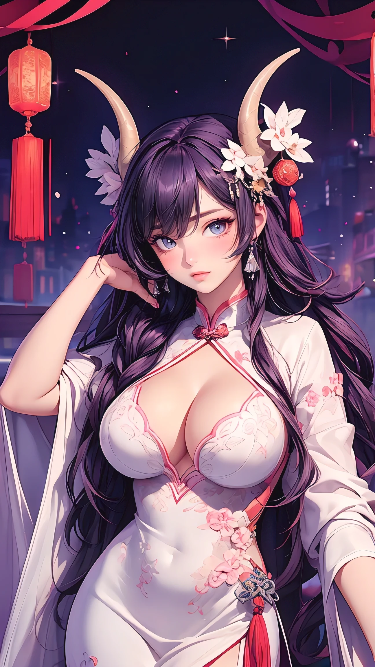 (masterpiece, best quality, photorealistic), woman with horns, solo, perfect slim fit body, huge breasts, purple wavy hair, hair ornaments, big gorgeous eyes, faint smile, parted lips, china dress, scenery in ancient China with neon lights, artistic, vibrant