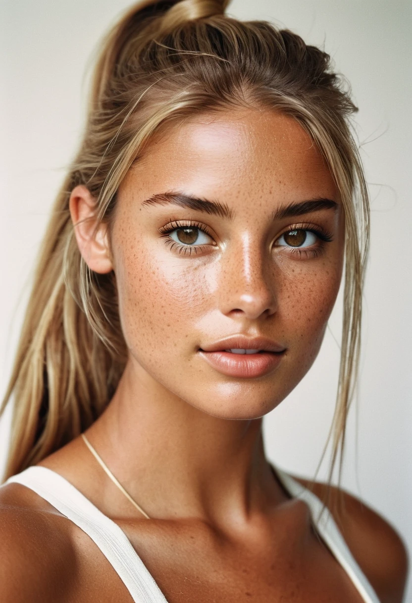 Supermodel, Brazilian, tanned, brown eyes, photo from the waist up, long dark blonde hair, white background, beautiful , natural beauty, no makeup, model, realistic, natural, textured skin, freckles on nose, black tank top, low ponytail, Polaroid