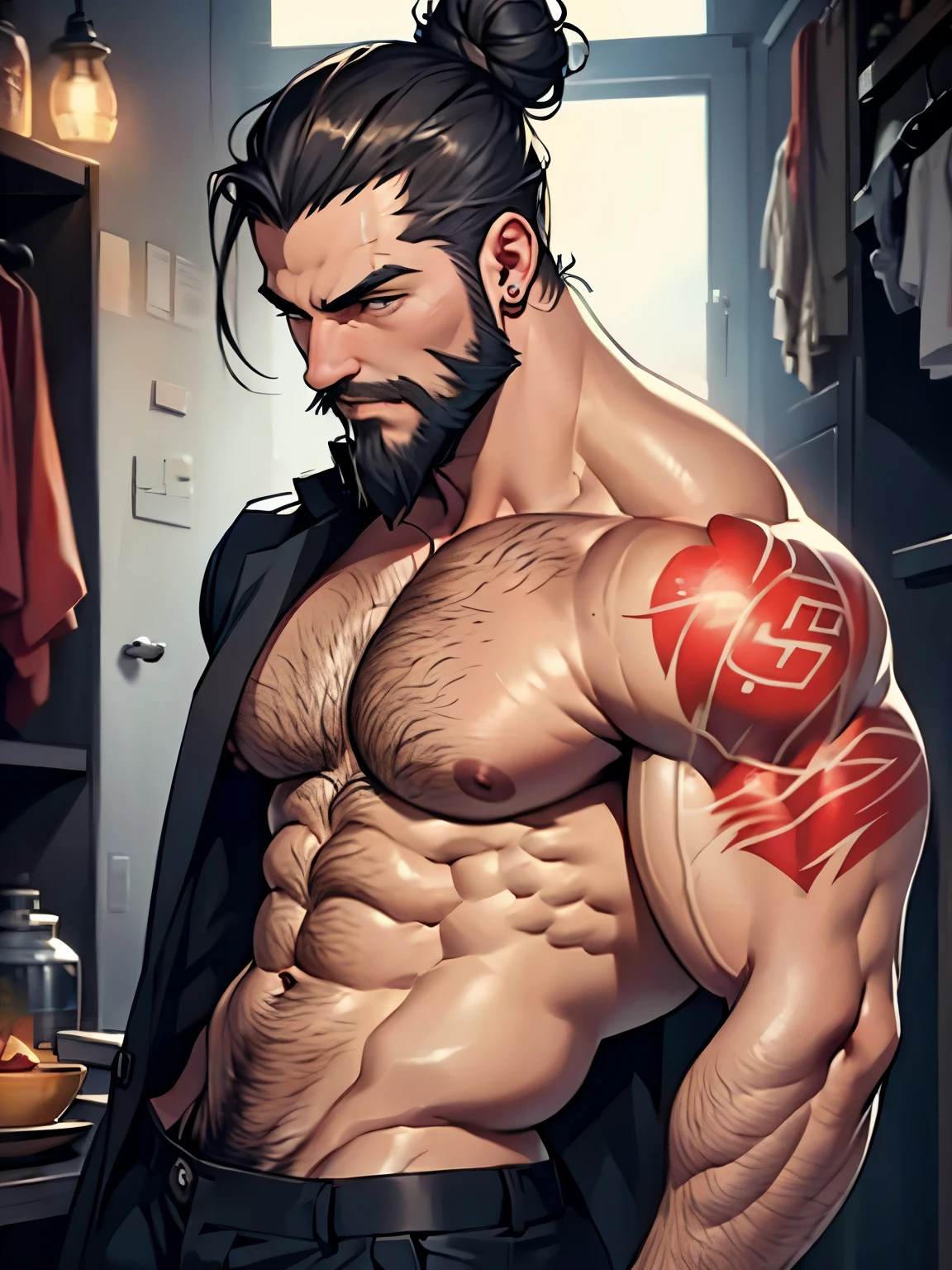 Muscle Man, sexy body, Beard, bun hair slicked back, tatoo, shirtless 