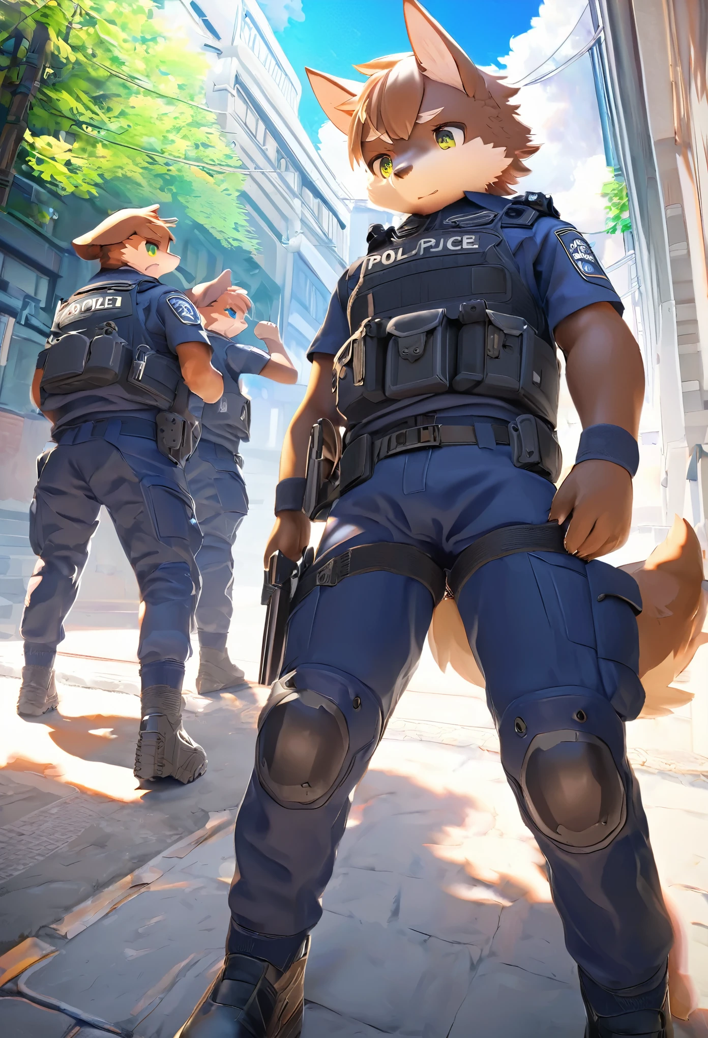 top quality, best quality, highres, masterpiece, super high resolution, detailed background, street, gasping for air(super handsome boys, dog)police officer, swat, police uniform, 6+boys, 6+girls, absurdres(highly detailed beautiful face and eyes)perfect anatomy, good lighting, volumetric lighting, cinematic shadow(kemono, furry anthro),