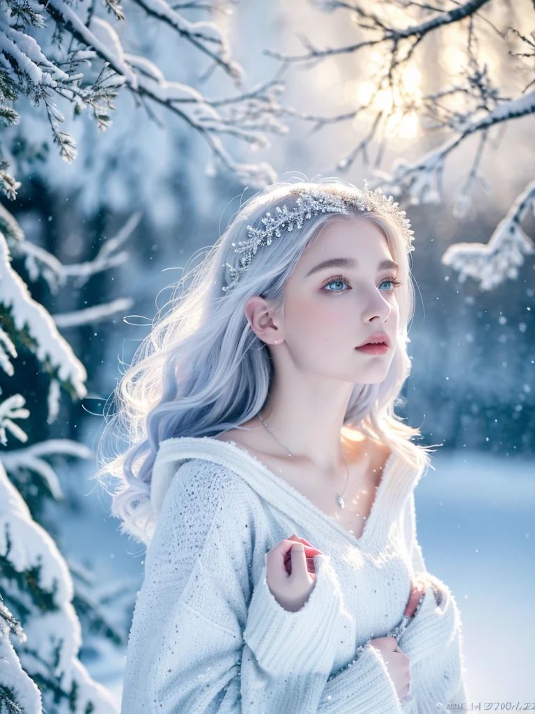 ( masterpiece, top quality, best quality,8k,17 years old girl,ultra detailed,raw photo:1.5),(photorealistic:1.4), (cinematic lighting), PerfectNwsjMajic, , Surrealism, UHD, ccurate, Super detail, textured skin, High detail, Best quality, dynamic angle, White skin,[Beautiful blue eyes], high nose,[flat chest:large breasts:0.5],(1girl),(good anatomy:0.5)),The white,A world covered in silver, branches covered with snow, cold winter touch, Snowflakes dance like elves, Turn the world into a silver fairy tale, Cold, Peaceful and beautiful snow scene, cozy calm, gorgeous princess dress ,white hair