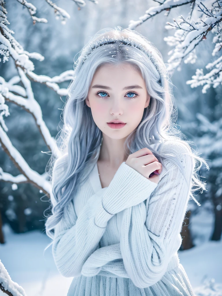( masterpiece, top quality, best quality,8k,17 years old girl,ultra detailed,raw photo:1.5),(photorealistic:1.4), (cinematic lighting), PerfectNwsjMajic, , Surrealism, UHD, ccurate, Super detail, textured skin, High detail, Best quality, dynamic angle, White skin,[Beautiful blue eyes], high nose,[flat chest:large breasts:0.5],(1girl),(good anatomy:0.5)),The white,A world covered in silver, branches covered with snow, cold winter touch, Snowflakes dance like elves, Turn the world into a silver fairy tale, Cold, Peaceful and beautiful snow scene, cozy calm, gorgeous princess dress ,white hair