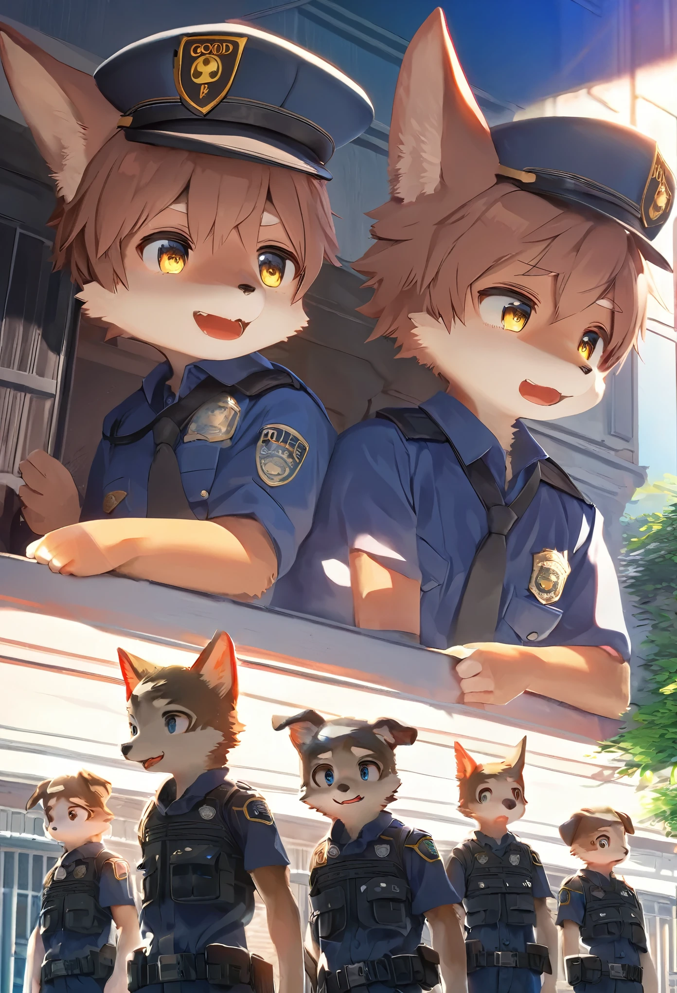 top quality, best quality, highres, masterpiece, super high resolution, detailed background, street, gasping for air(super handsome boys, dog)police officer, swat, police uniform, 6+boys, 6+girls, absurdres(highly detailed beautiful face and eyes)perfect anatomy, good lighting, volumetric lighting, cinematic shadow(kemono, furry anthro),