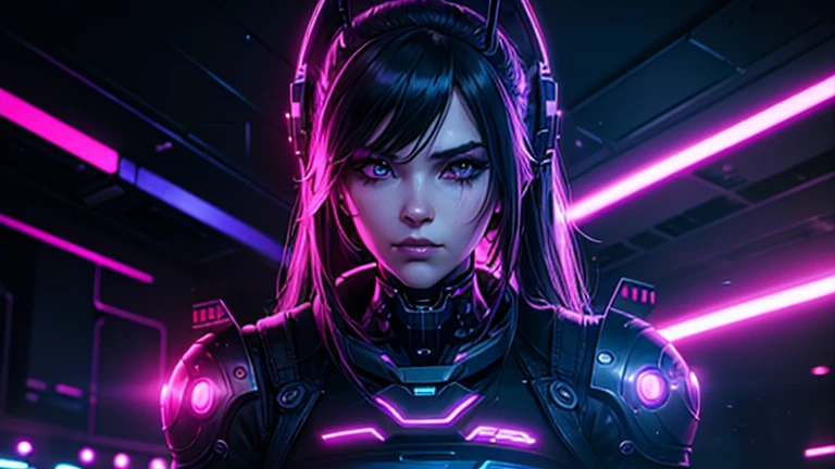 1 girl, ライトブルー neon ,android, female cyborg , cyber punk, club,dim lighting, neon signs,fc portrait, neon,cyber punk, futuristic ,EDM,Club Music,