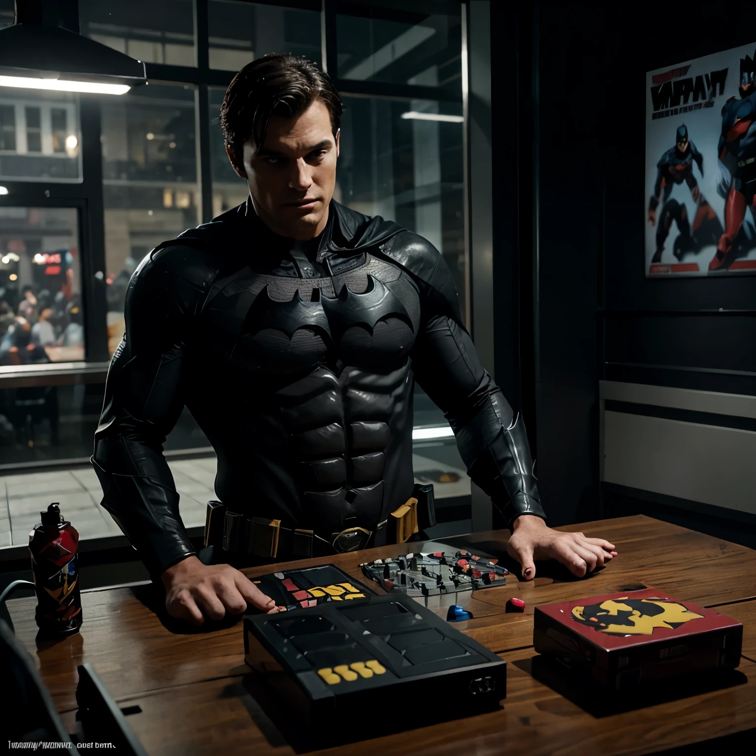 batman waiting excitingly for his turn to play games after superman, in comic book art style