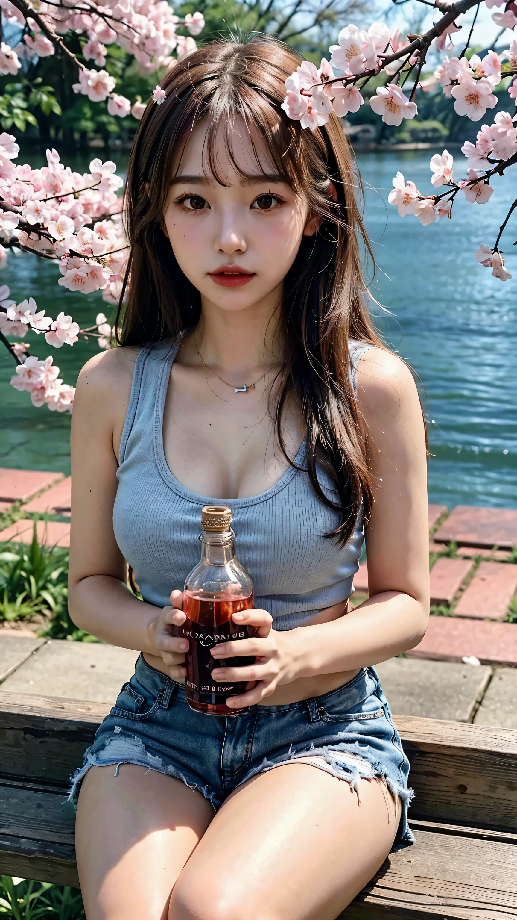 NSFW, highest quality: 1.4, high resolution, perfect lighting, (1 girl), 20 years old, big breasts, tank top, shorts, holding a bottle of alcohol in one hand, cherry blossom viewing, cherry blossoms, tying hair, sitting cross-legged