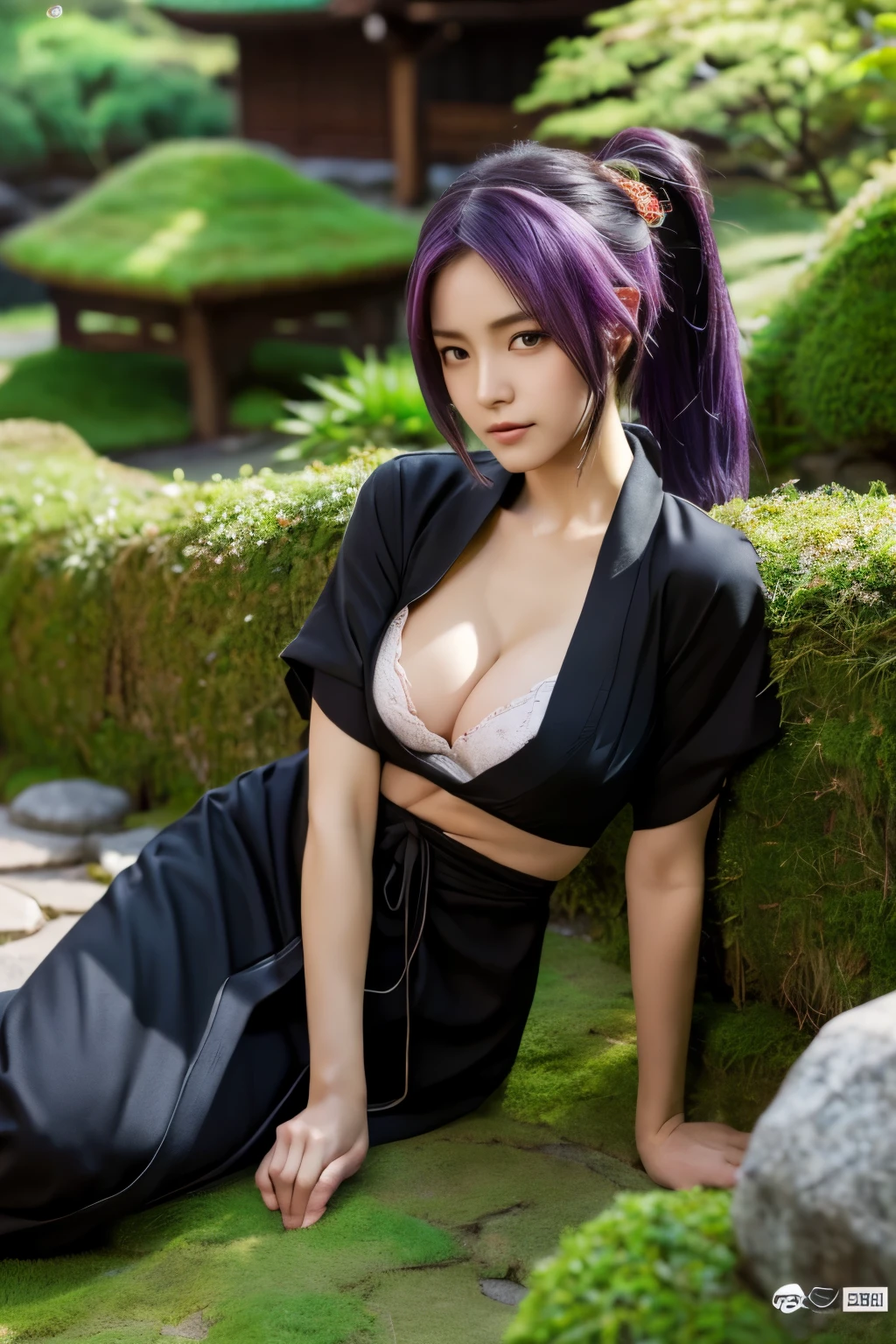 irene face,kpop body, athletic body, battle scene at night, blood and seat body, realistic fight (masterpiece, top quality, best quality, official art, beautiful and aesthetic:1.4), (depth of field), Shihouin Yoruichi, purple hair, ponytail, dark skin, brown skin, beautiful eyes, yellow eyes, cleavage, rocks, haori, (cleavage:1.3), yellow scarf, black kimono, black ninja outfit, sakura japanese garden, seductive, Masterpiece, best quality, (highly detailed CG unity 8k wallpaper), (best quality), (best illustration), (best shadows), round radish hut covered with moss, isometric 3D , octane rendering, ray tracing, highly detailed