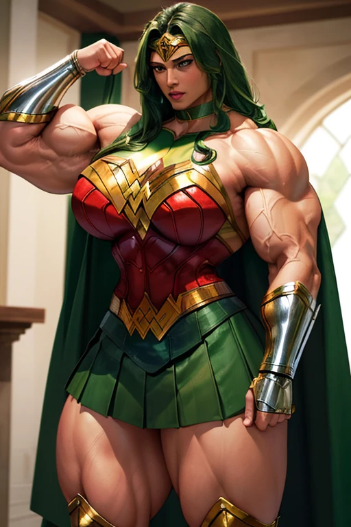 ((((Massive, tall, beautiful, buff, brown skinned muscular woman with green hair, ginormous bulky muscles and wearing an all green Wonder Woman suit with pleated skirt and a cape)))), close view, ((massive muscle)), massive biceps, hyper muscle shoulders, massive muscle arms, vascular shoulders, hyper muscle triceps, (curvy long hair), orange eyes, superhero gauntlets, choker, ((in the mount Olympus)), superhero boots, confidant smile, night, hyper vascular arms, hyper muscles arms, hyper muscle legs, (ginormous arms),