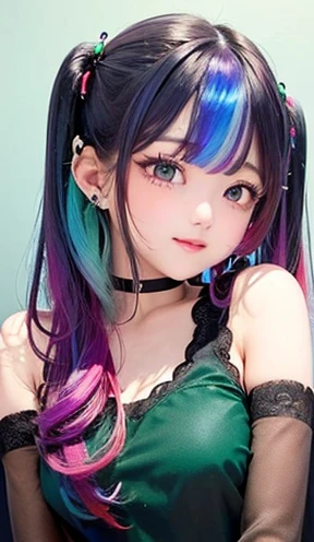 small face、left profile、Big chest、 (alone:1.5,)Super detailed,bright colors, very beautiful detailed anime face and eyes, look straight, shiny_skin,girl, (((rainbow colored hair, colorful hair, Half red、Half emerald green hair: 1.2))), 、shiny hair, delicate beautiful face, blush、Glasses、(turquoise eyes), , Valletta, earrings,、flower garden、sunset、(((black color、See-through、sexy、Sailor Leotard、Lace mini skirt,Translucent shirt)))、(twin tails)、smile、happy face、face dyed red、cheerful pose、dynamic、