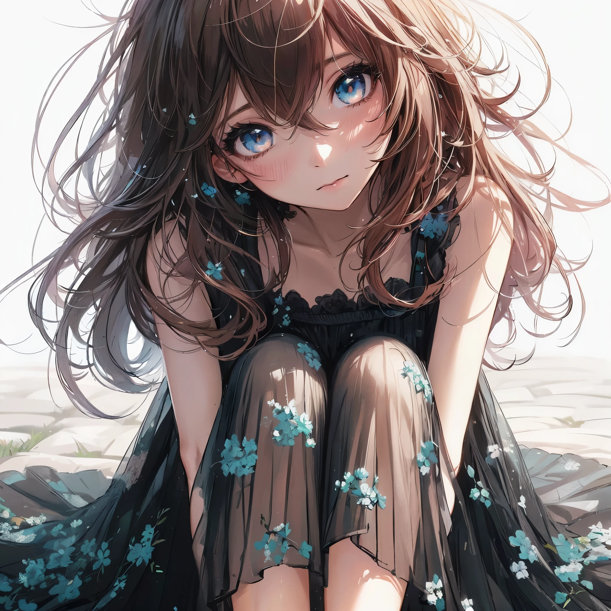 Anime girl with long brown hair sitting on the ground - SeaArt AI