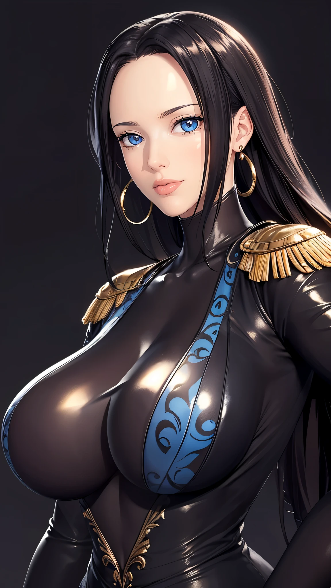 （（（完美figure，figure，Black tight fitting leather clothing, black leather clothing, leather clothing, reflective clothing， （（（boa hancock，Dark long hair, combed with a chiffon hairstyle, slightly wide forehead smooth and flat, deep blue eyes, slender and delicate corners of the eyes, almond eyes exuding a hint of coldness, nose bridge high and straight, nose small and delicate, lips soft without any wrinkles. Wearing a pair of snake shaped golden earrings under the ears）））((masterpiece)),high resolution, ((Best quality at best))，masterpiece，quality，Best quality，（（（ Exquisite facial features，looking at the audience,There is light in the eyes，(sticking out tongue, opening mouth)，））），型figure:1.7））），（（（Interlacing of light and shadow，huge boobs））），（（（looking into camera，black background，)）））