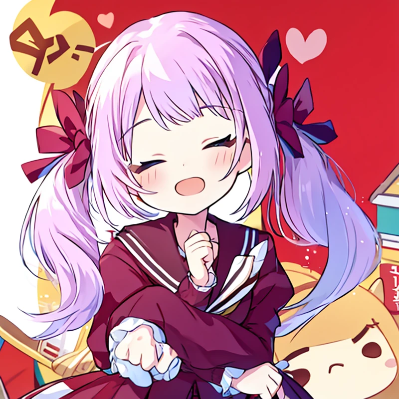 highres,masterpiece, best quality, 1girl, solo, upper body ,(chibi:1.2),closed eyes, open mouth wide mouth, Thumbs up, ð,white background, 
sadamori, kanbauniform, hair bow, twintails,long hair, long sleeves, 
