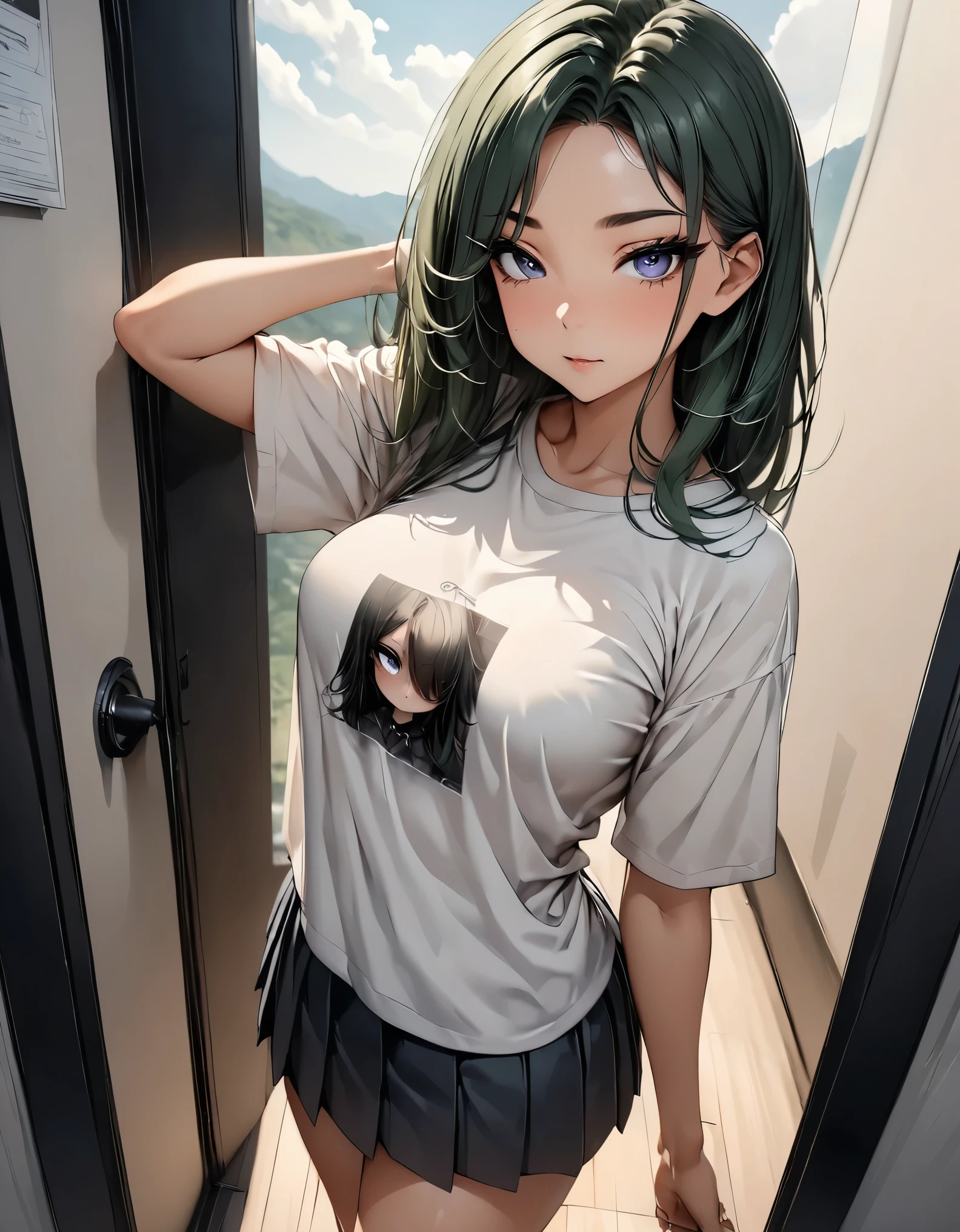 best quality, 4k, (Masterpiece:1.3), The view from the peephole, perfect anatomy,slender silhouette, thin, medium size breasts, detailed face, detailed eyes, perfect eyes, dark eyes, attractive woman, 20 years old, mature ,deep green hair, detailed hair. black oversized tshirt, baggy shirt, dark pleated skirt. simple pose, casual pose, gothic outfit, Screen vignetting, wide angle shot, The corners of the screen are blackened, simple background, atmospheric background, , shot straight , not too close to viewer
