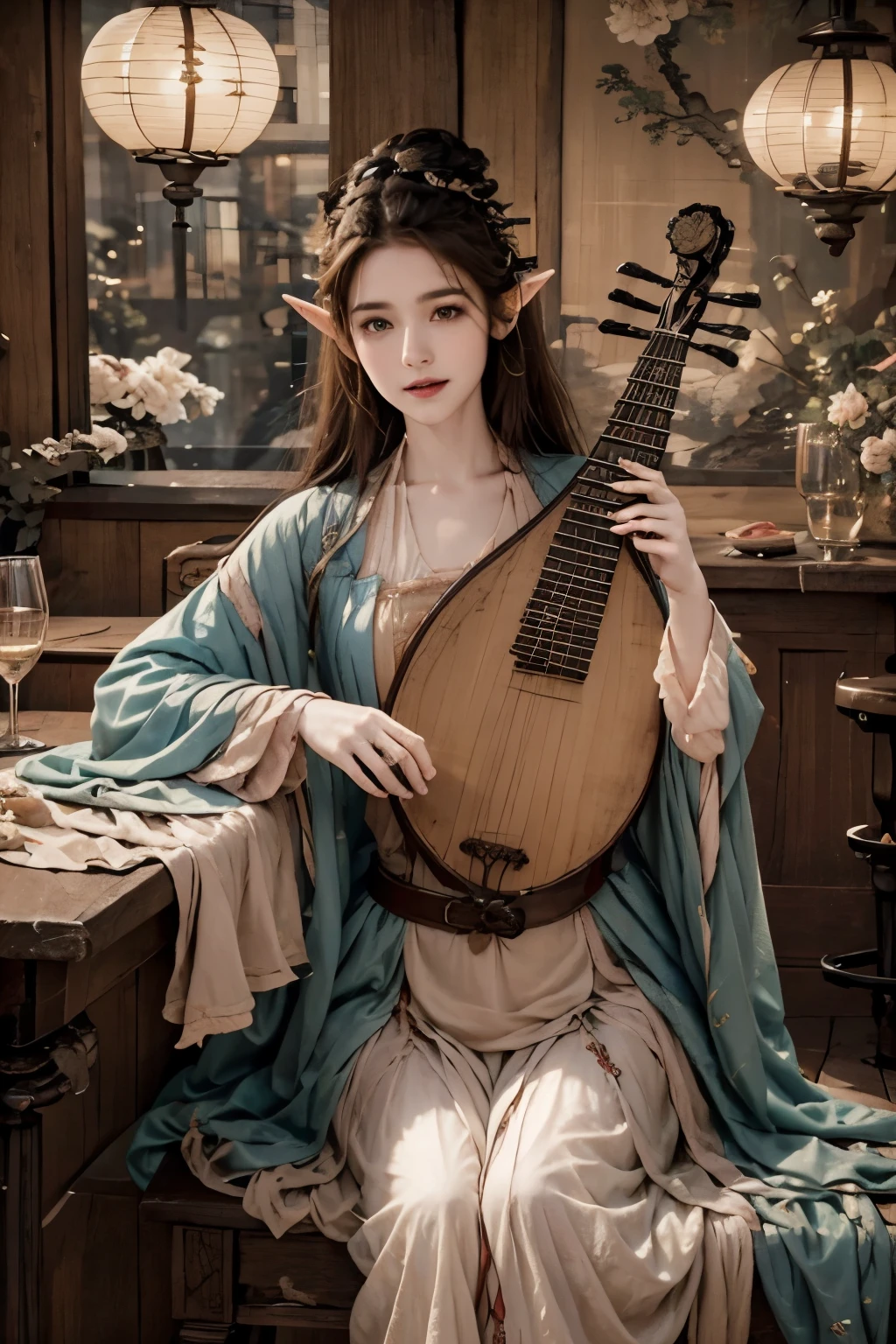 Masterpiece, many details, high quality 
Elf bard, leather armor, beautiful brown hair, laughing, lute, singing, dressed in green and blue, hair clip with a rose, sitting on a bar stool, full body, male