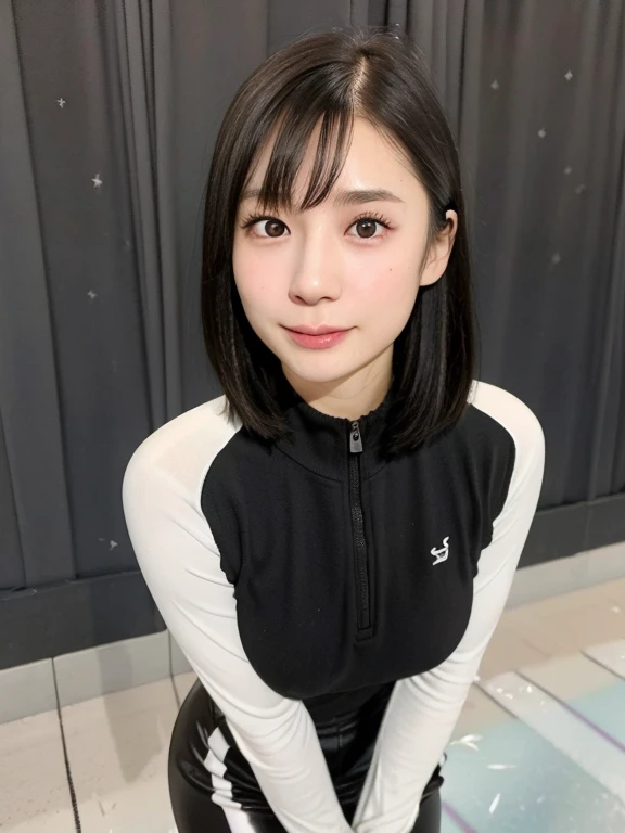 (kawaii 24 year-old Japanese girl, Nogizaka idol, Korean idol), healthy female athlete, figure skater, (glossy black hair, messy very short hair, messy pixie cut, symmetric hair length, even length hair edges:1.3), (bangs), (rounded face, black eyes, single eyelid, no makeup, soft smiling:1.2), (wearing long sleeved black training half zip tops:1.3), (flat chest, extra small breasts:0.8), black sports leggings, (thigh gap), (looking at viewer:1.2), BREAK, (ice skate arena background:1.3), (dynamic angle:1.3), face focus, BREAK, (masterpiece, best quality, photo realistic, official art:1.4), (UHD, 8K quality wallpaper, high resolution, raw photo, golden ratio:1.2), (shiny skin), professional lighting, physically based rendering, award winning, (perfect anatomy, highly detailed skin, extremely detailed face and eyes), Carl Zeiss 300 mm F/2.8, depth of field, 1girl, solo,