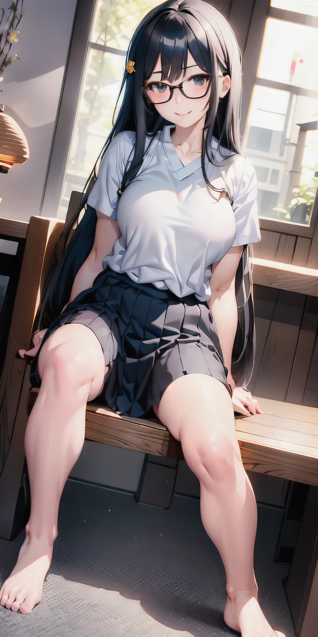 A keen girl, casual style, sitting , student with glasses, long hair, Japanese high school student uniform , casual style, ultra high Quality potrait
